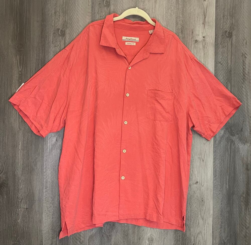 Tommy Bahama M 3XL 100% Silk Hawaiian Shirt Coral Tropical Jacquard Original Fit